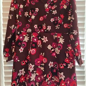 Ann Taylor Burgundy Floral Long-Sleeve A-Line Dress